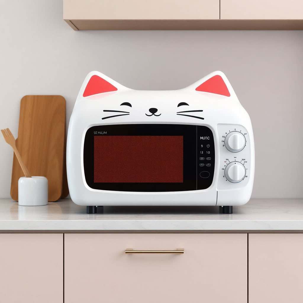 A sleek white cat-themed microwave with pink ears and simple controls, sitting on a modern kitchen countertop.
