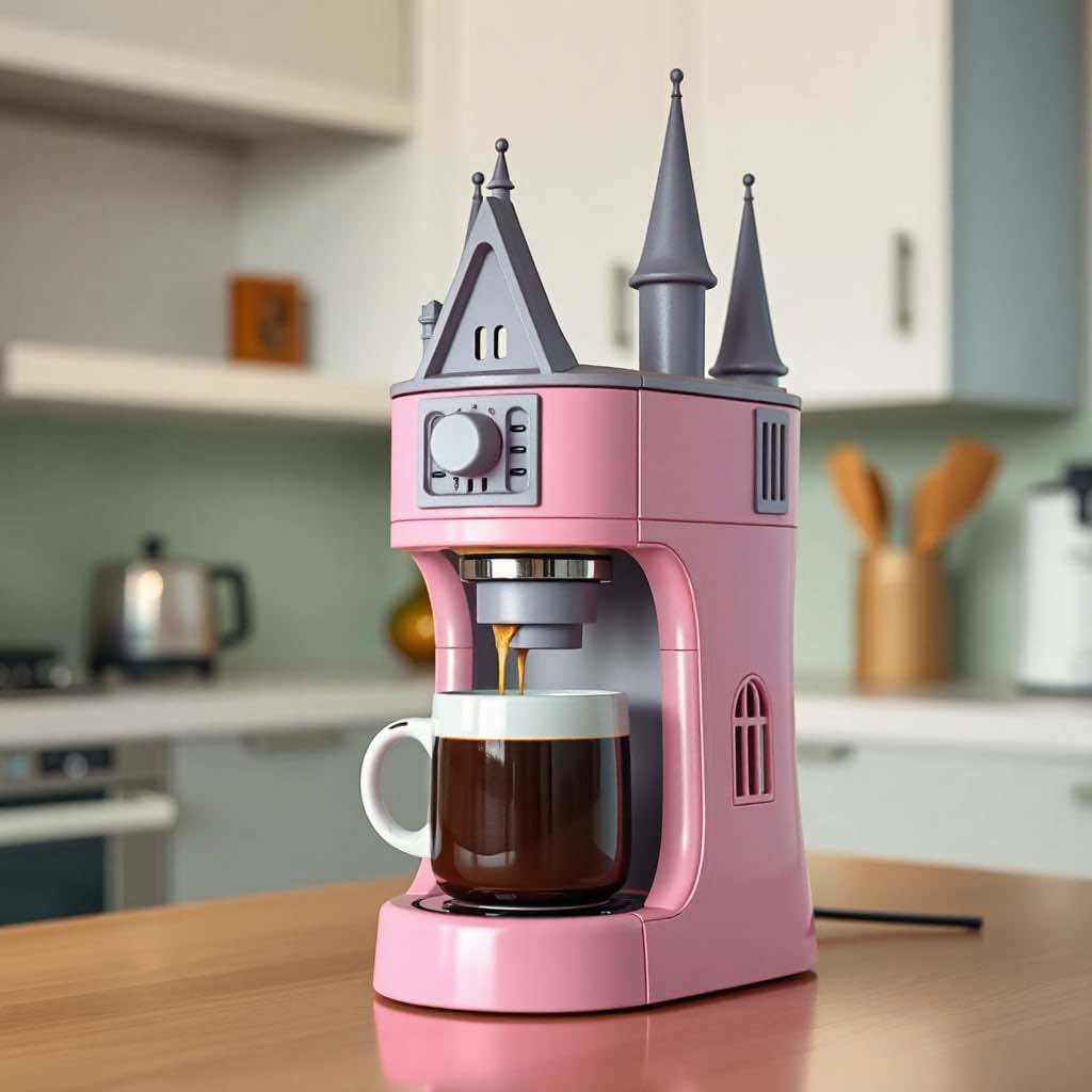 A pastel pink castle coffee machine with a white coffee cup beneath it.