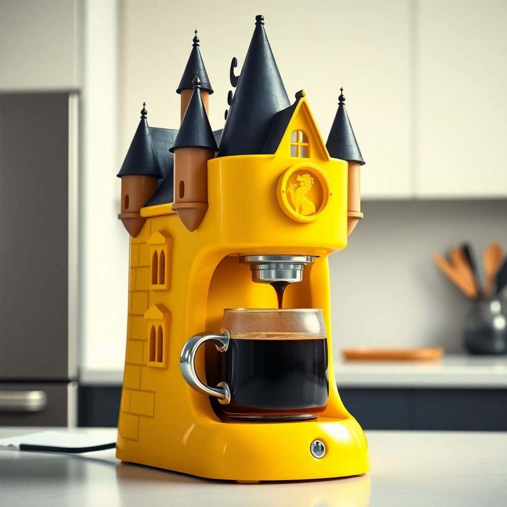  A yellow castle-themed coffee machine brewing a cup of coffee in a modern kitchen.