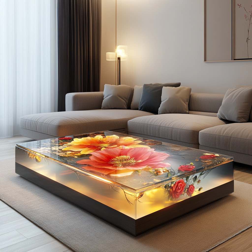 Resin coffee table with red and orange flowers, elegantly illuminated.
