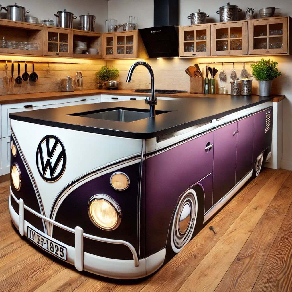 A deep purple Volkswagen-inspired kitchen island with chrome details, set in a rustic-style kitchen.