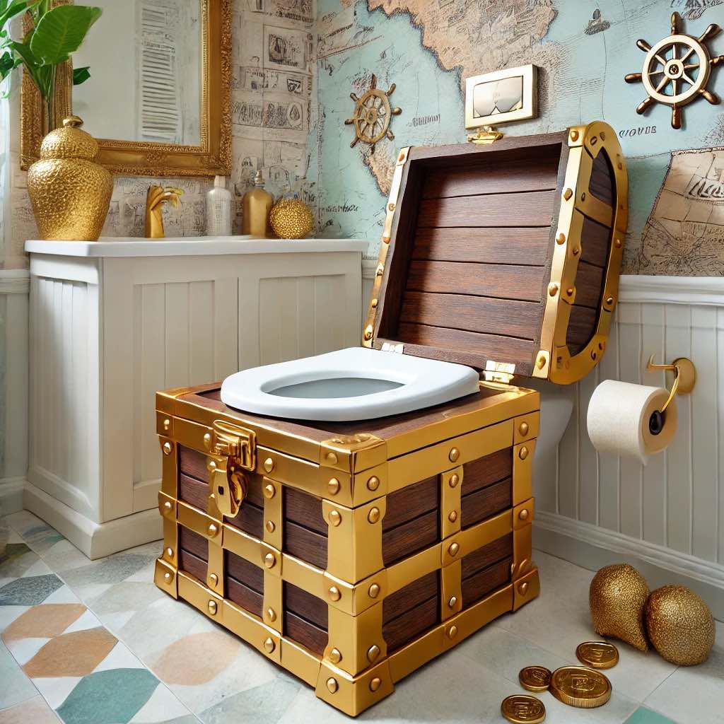 A luxurious gold and wood pirate treasure chest toilet in a vintage nautical-themed bathroom.