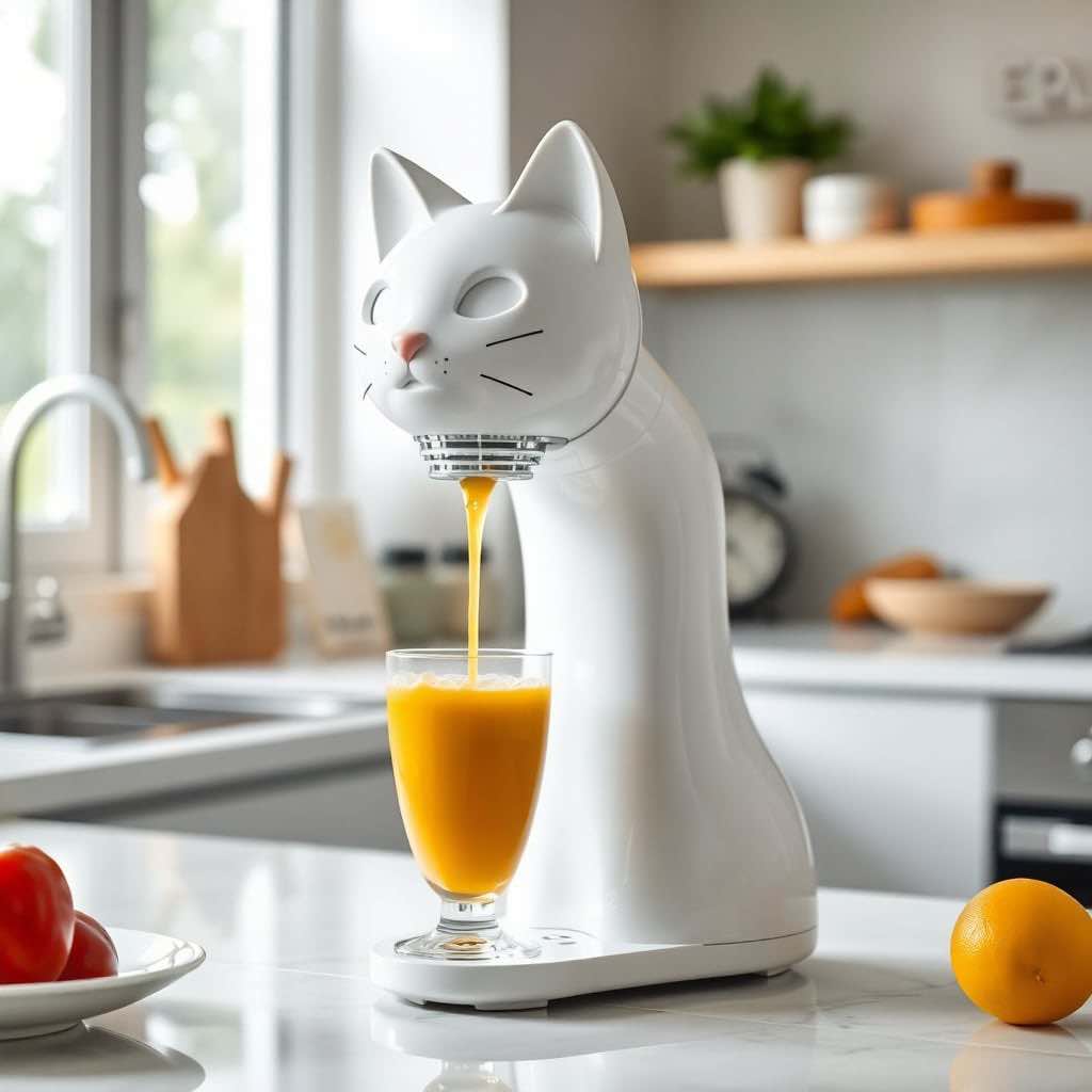 A sleek white cat-shaped juicer on a light kitchen countertop, pouring fresh juice into a glass.