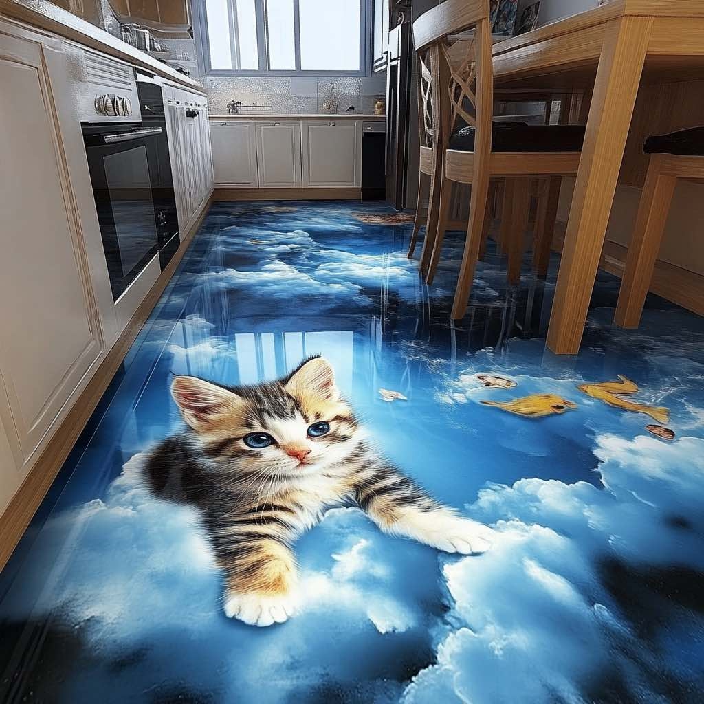 A charming kitchen with a cloud-themed 3D epoxy floor featuring a playful kitten design.