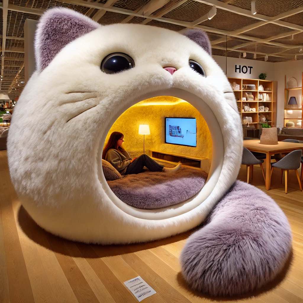 A woman reads inside a luxurious, cream and lilac giant cat-shaped lounge pod with a soft faux fur exterior.