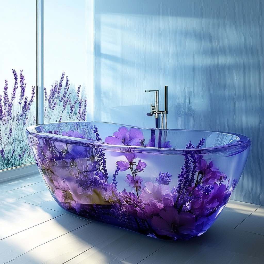 A beautiful bathtub with a soft lavender design, enhancing a relaxing spa-like bathroom setting.