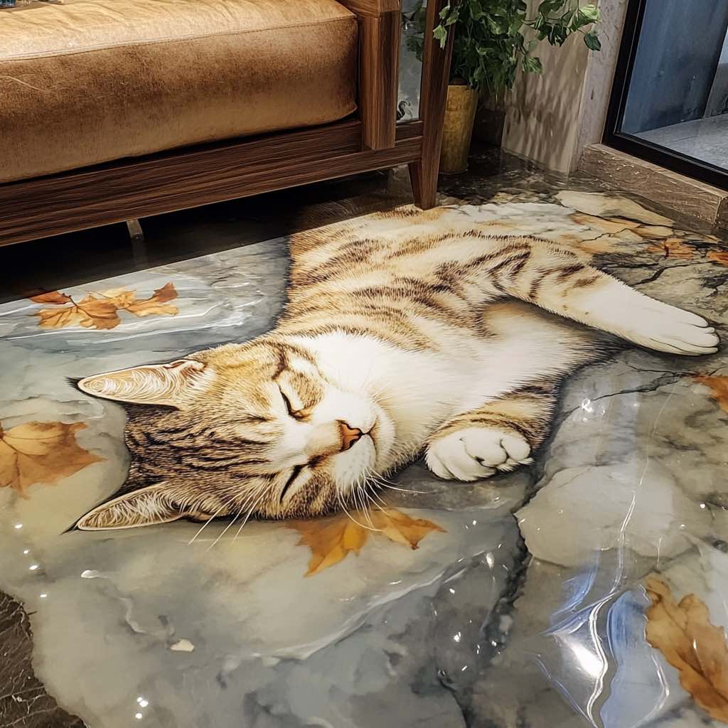 A stunning living room floor with a realistic sleeping cat design, creating a warm and inviting space.
