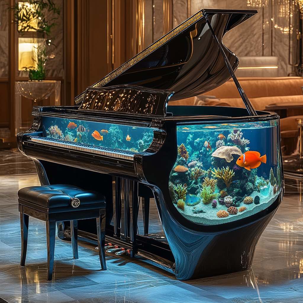 A glossy black grand piano featuring a panoramic aquarium, displaying vibrant marine life.
