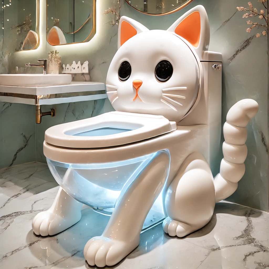 A futuristic cat-themed toilet with LED lighting, a translucent bowl, and a stylish feline-inspired design.