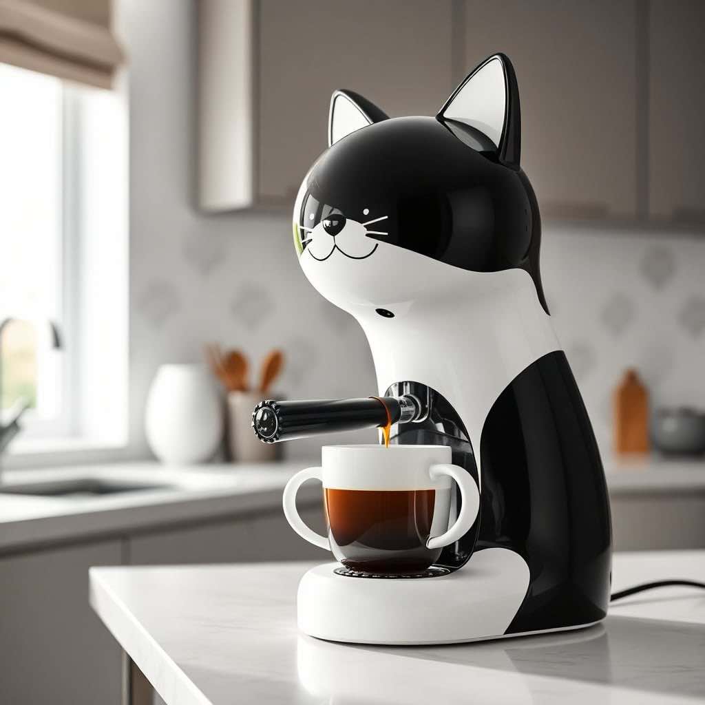 A black and white cat-shaped espresso machine brewing a cup of coffee in a modern kitchen.