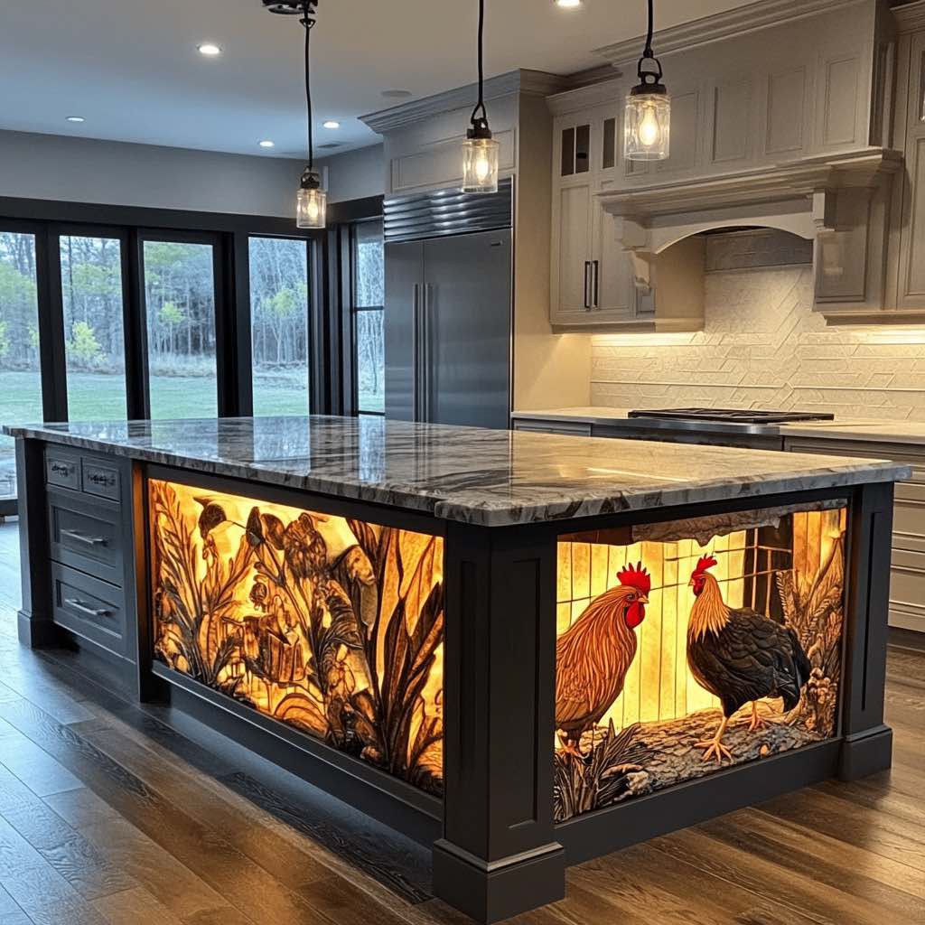 A kitchen featuring a golden illuminated island with detailed rooster and nature-inspired artwork.