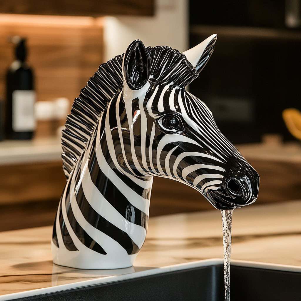 A glossy black-and-white zebra tap with a bold striped design, dispensing water into a modern sink.