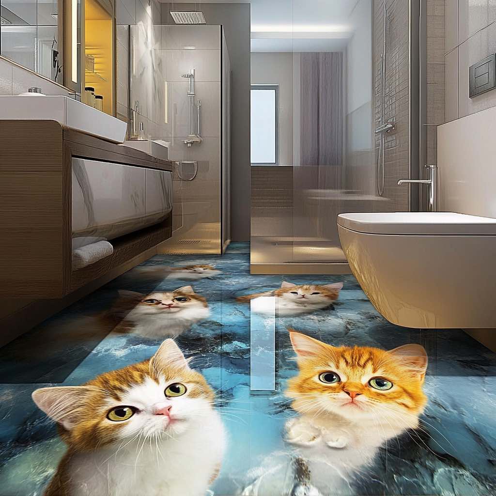 A stylish bathroom with a 3D epoxy floor featuring lifelike kittens appearing to float on the water.