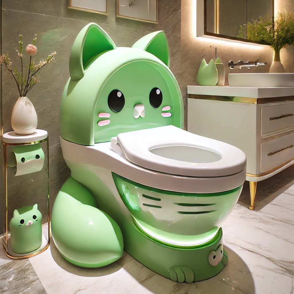 A mint green cat-shaped toilet with adorable whisker details and soft pastel tones for a charming aesthetic
