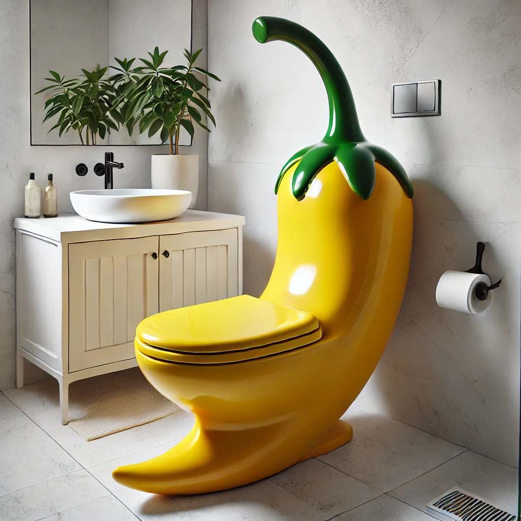 A bright yellow chilli pepper-shaped toilet with a green stem top in a stylish modern bathroom.