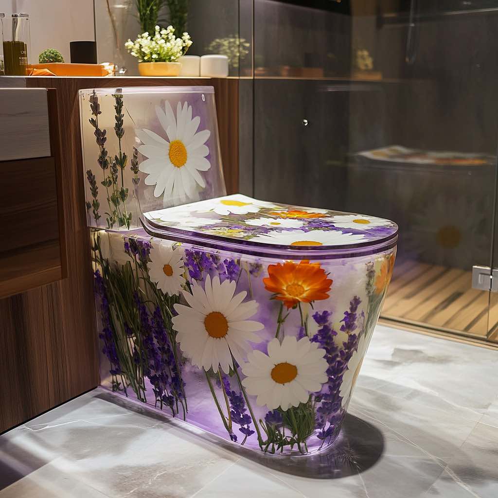 A bold and artistic floral toilet with wildflowers, blending rustic charm with modern luxury.