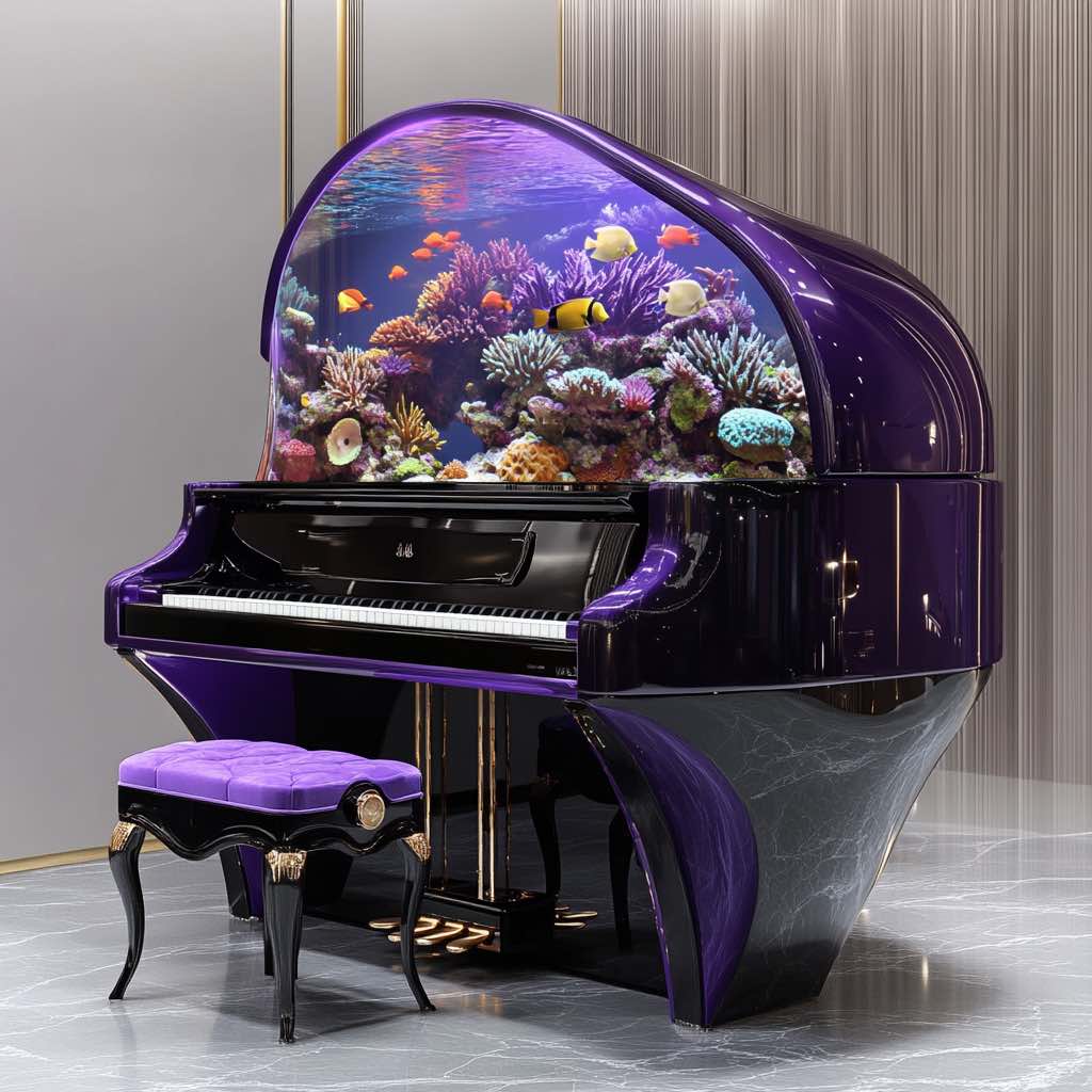 A grand piano with a deep purple finish and a curved aquarium lid filled with exotic fish.