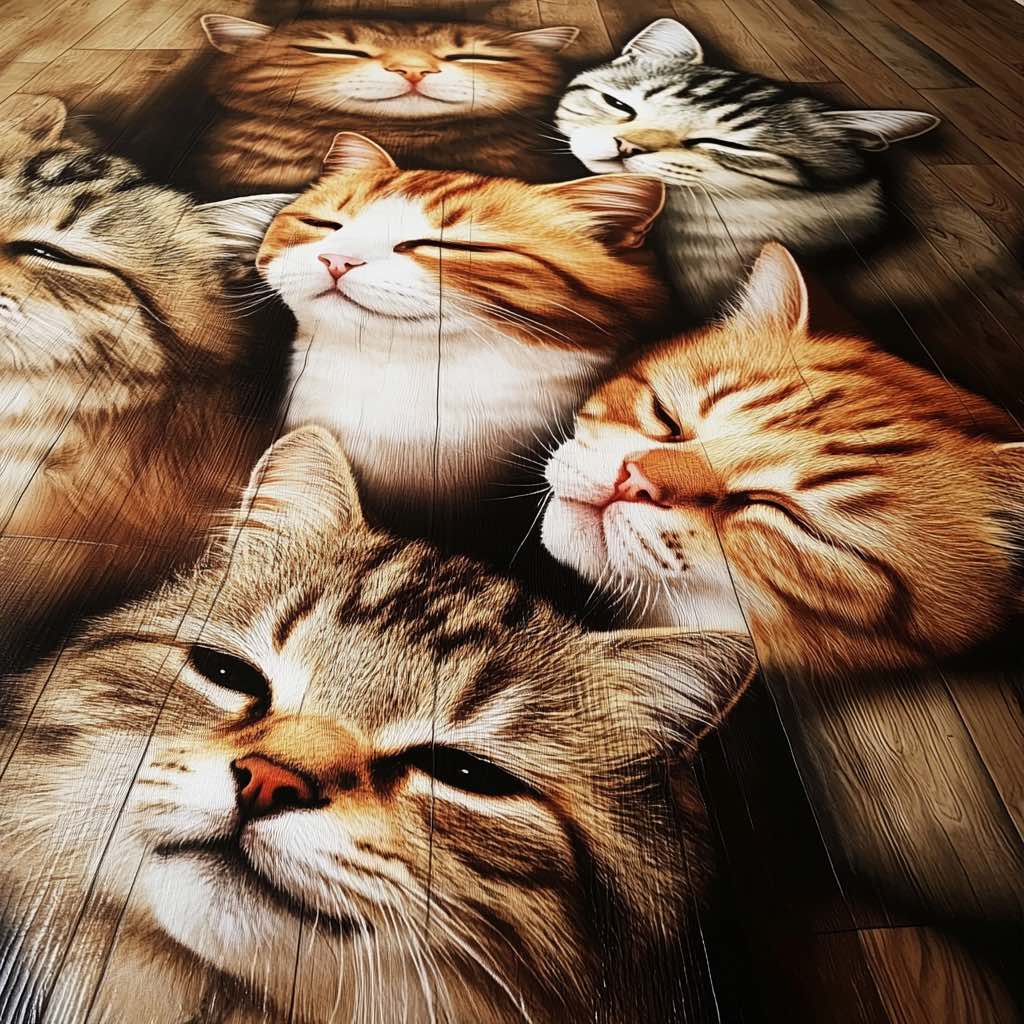 A beautiful 3D floor artwork of multiple cats resting contentedly on a wooden floor.