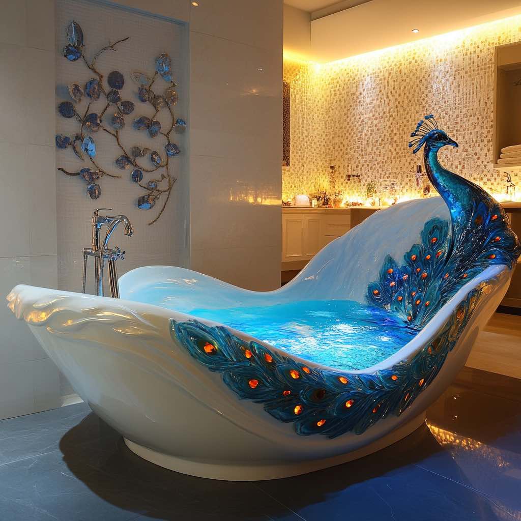  A lavish bathtub with a peacock’s sculpted form, adorned with glowing LED feather details.