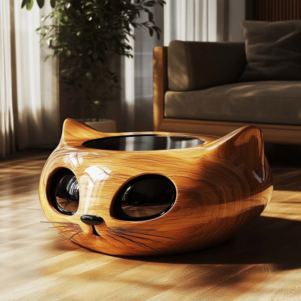 A modern wooden cat coffee table with a smooth, polished design and large, glossy eyes.