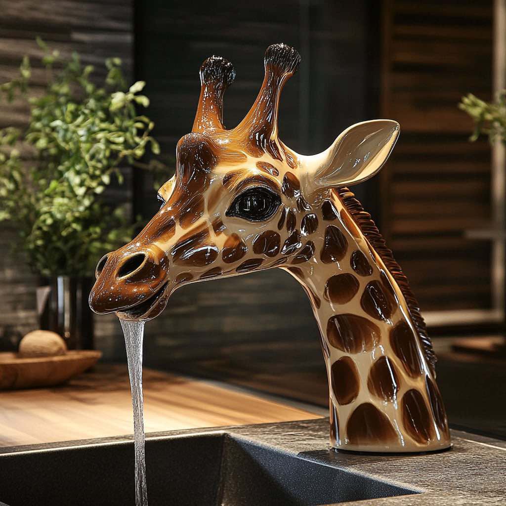A beautifully crafted giraffe tap with warm brown tones and detailed patterns, elegantly dispensing water.