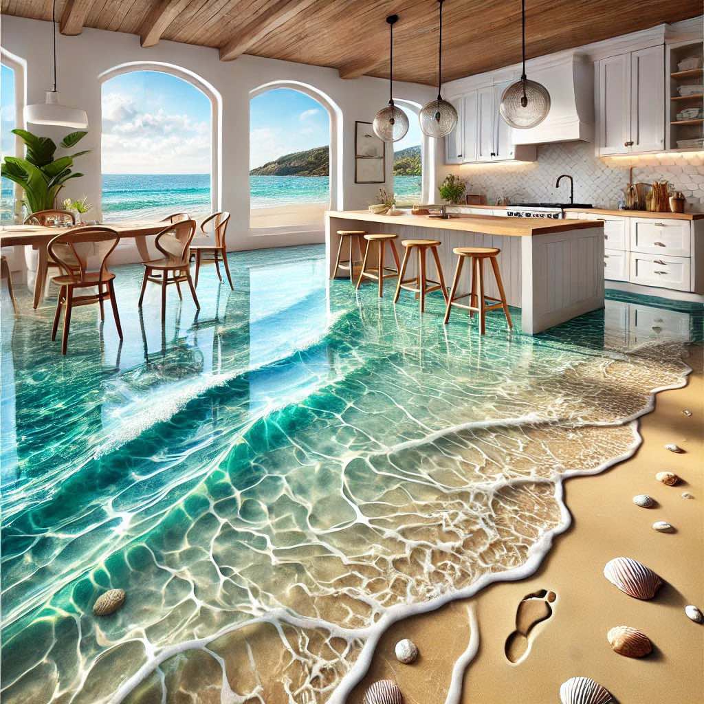 A coastal-inspired kitchen with a stunning 3D epoxy floor depicting a sandy beach and transparent ocean waves.