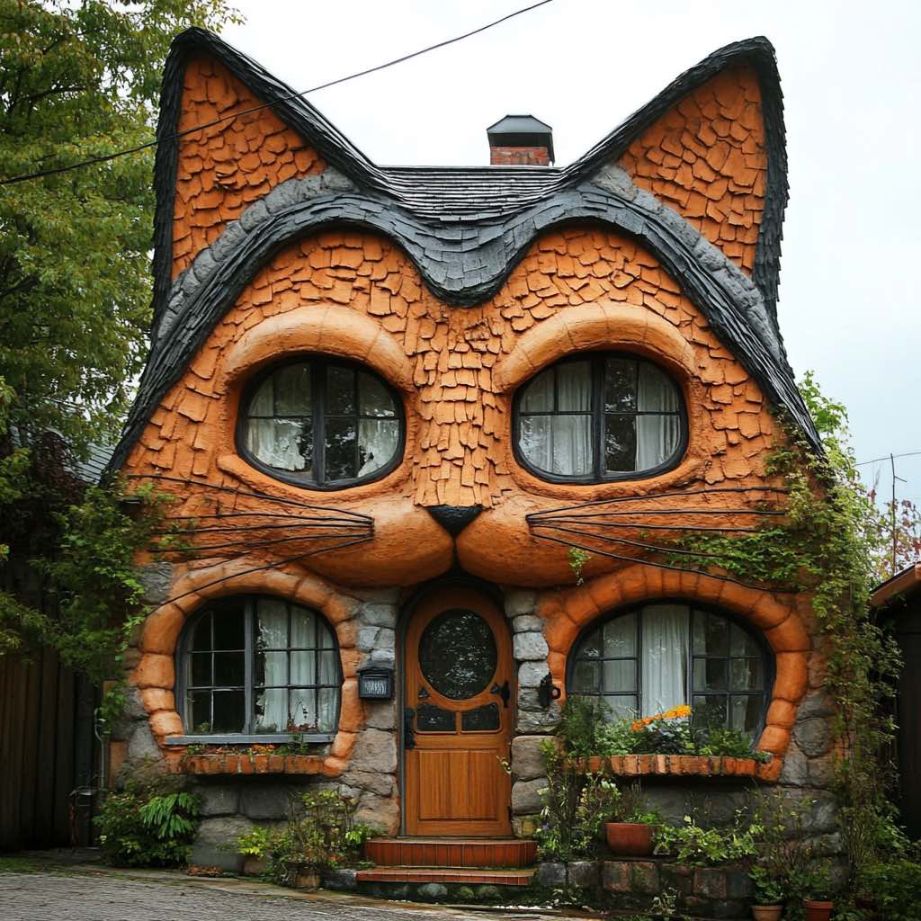 A cosy cat-shaped house with wooden shingles, stone accents, and arched windows resembling feline eyes.