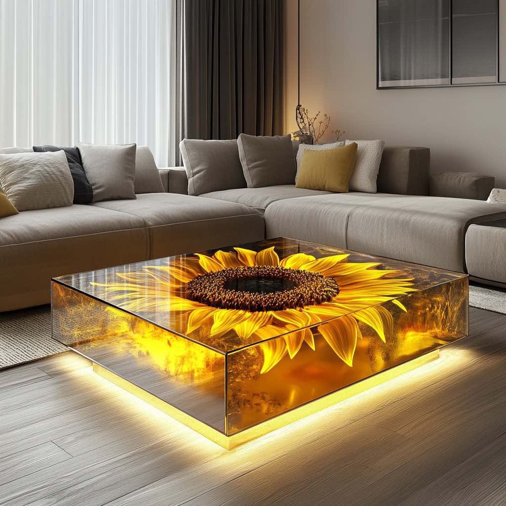 Sunflower-embedded resin coffee table with golden LED glow in a modern lounge.