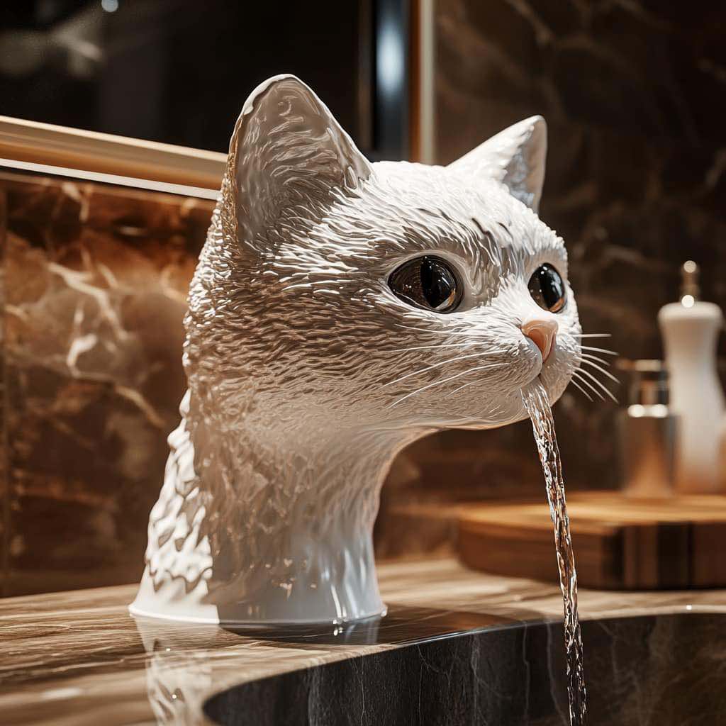A glossy white cat-shaped tap with water pouring into a sink, surrounded by a gold-accented interior.