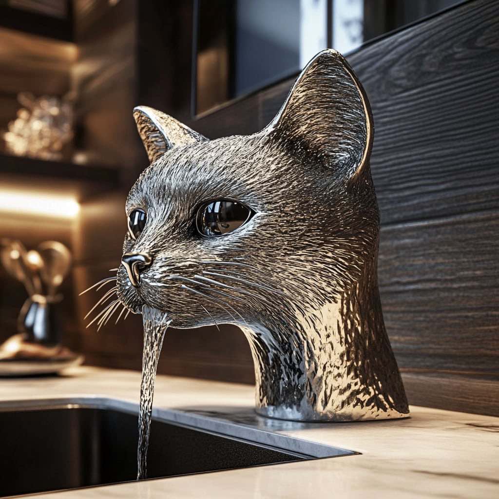 Shiny silver chrome cat-shaped tap with water stream, complementing a black marble sink.