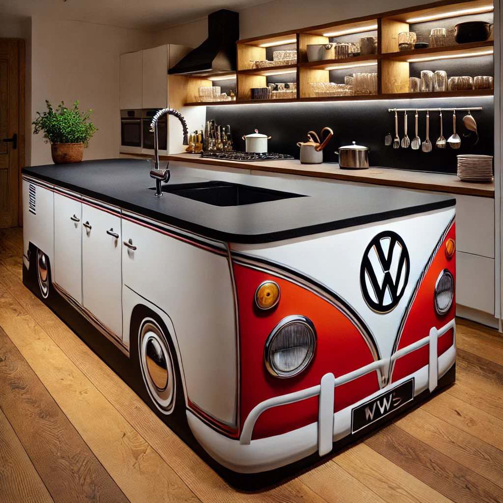 A red and white VW campervan-style kitchen island, blending vintage aesthetics with modern kitchen functionality.