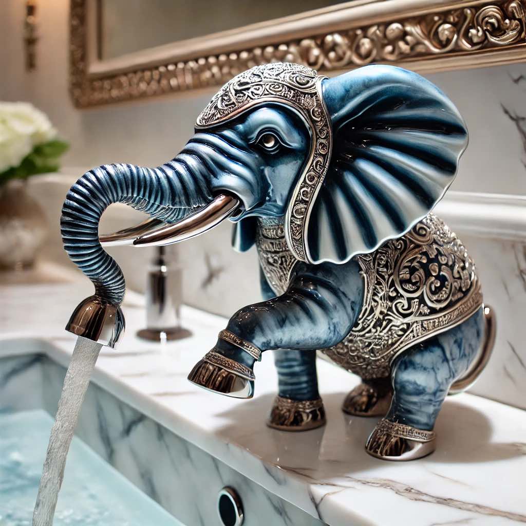 A stunning blue and silver elephant-themed bathroom faucet in a classic marble sink