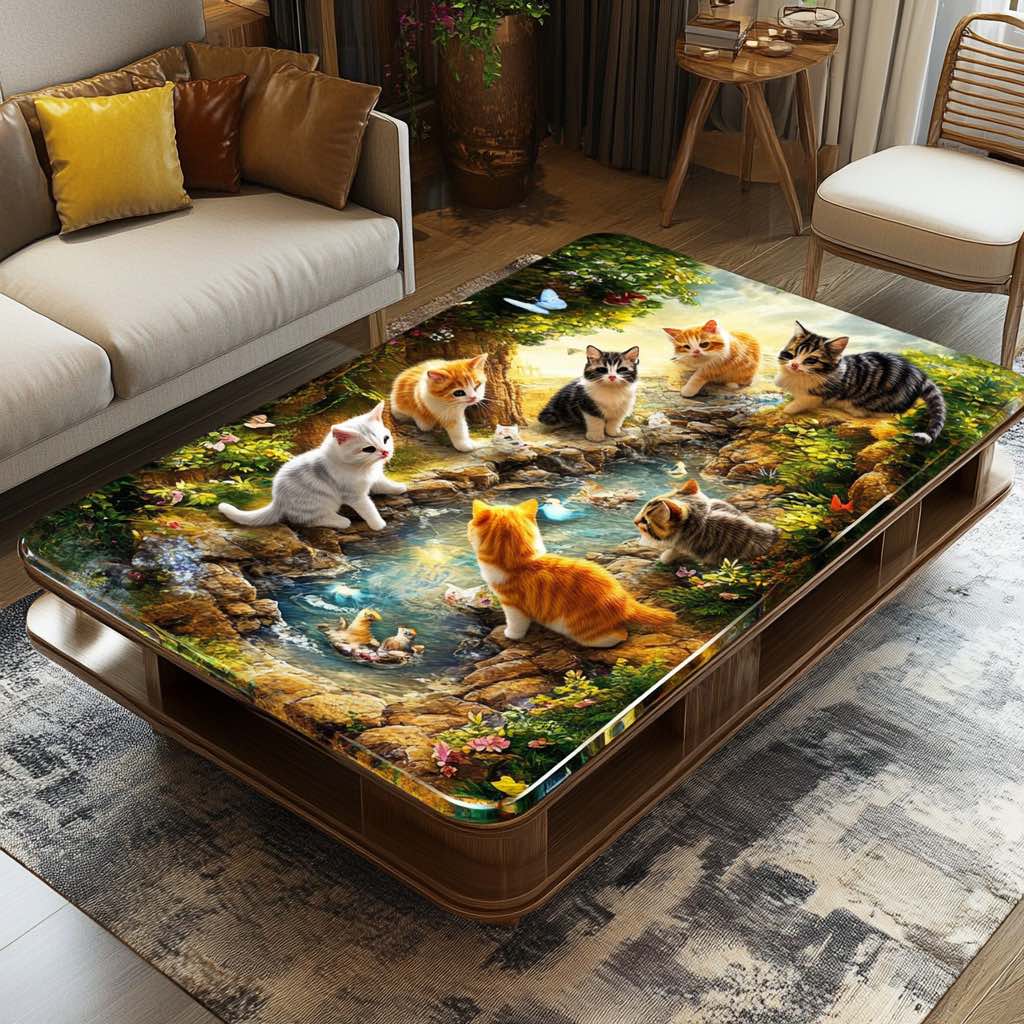 A beautiful nature-themed coffee table featuring kittens around a magical pond, creating a warm and inviting decor piece.