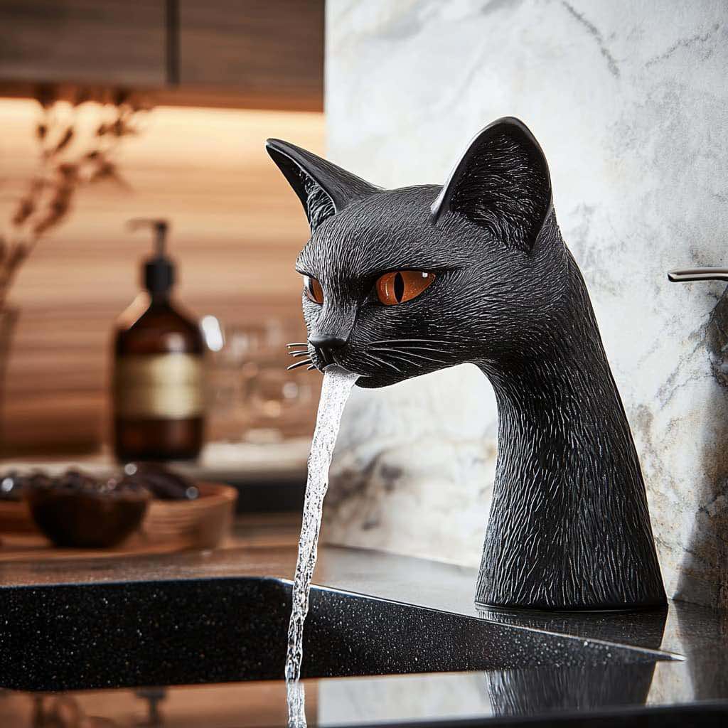 A sleek black cat-shaped tap with striking orange eyes, dispensing water into a stylish black sink.