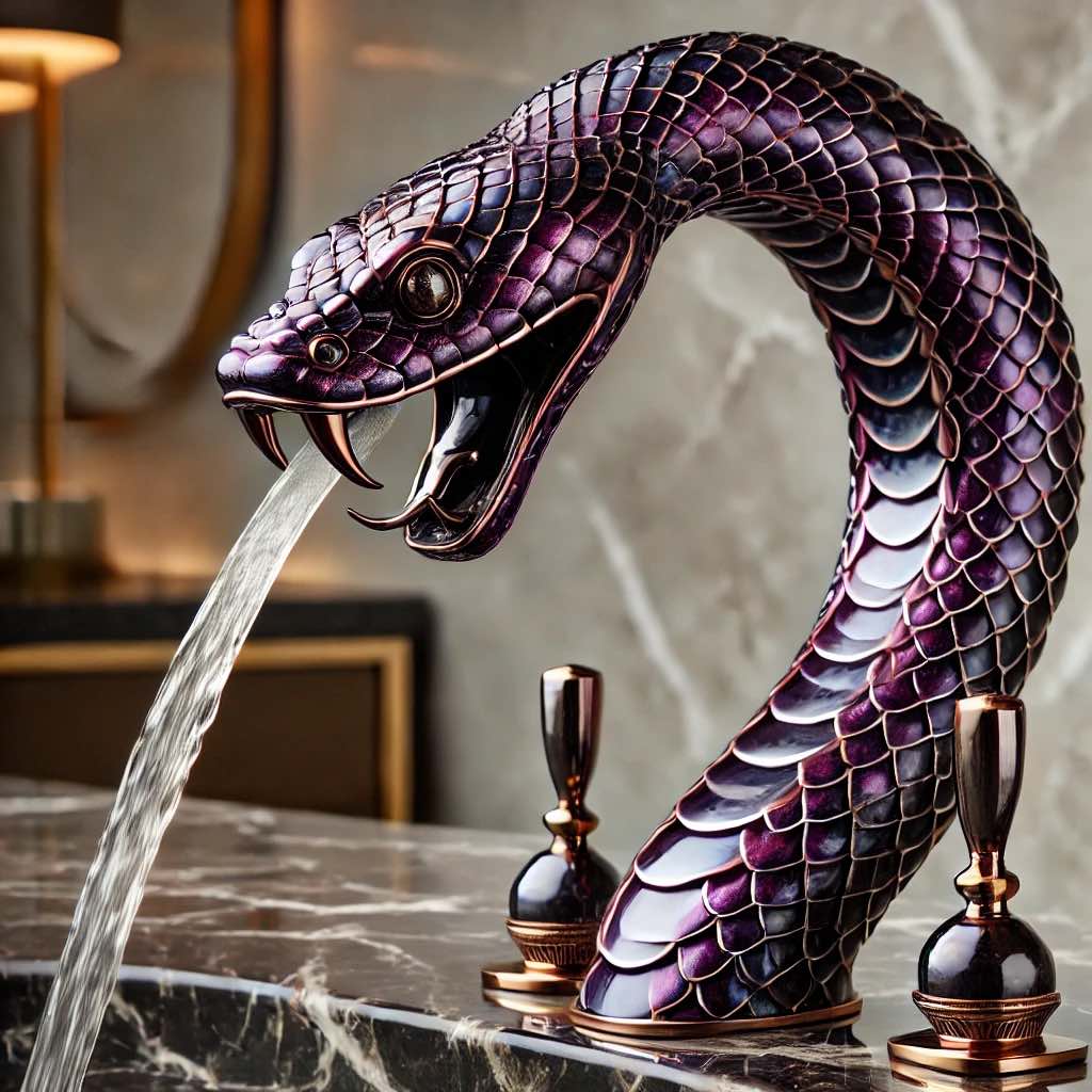 A dramatic deep purple snake faucet with fierce detailing, mounted on a luxurious dark marble countertop.