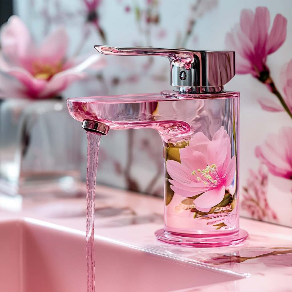 A sleek pink floral glass tap with a cherry blossom design, perfect for adding a soft, romantic touch to bathrooms.