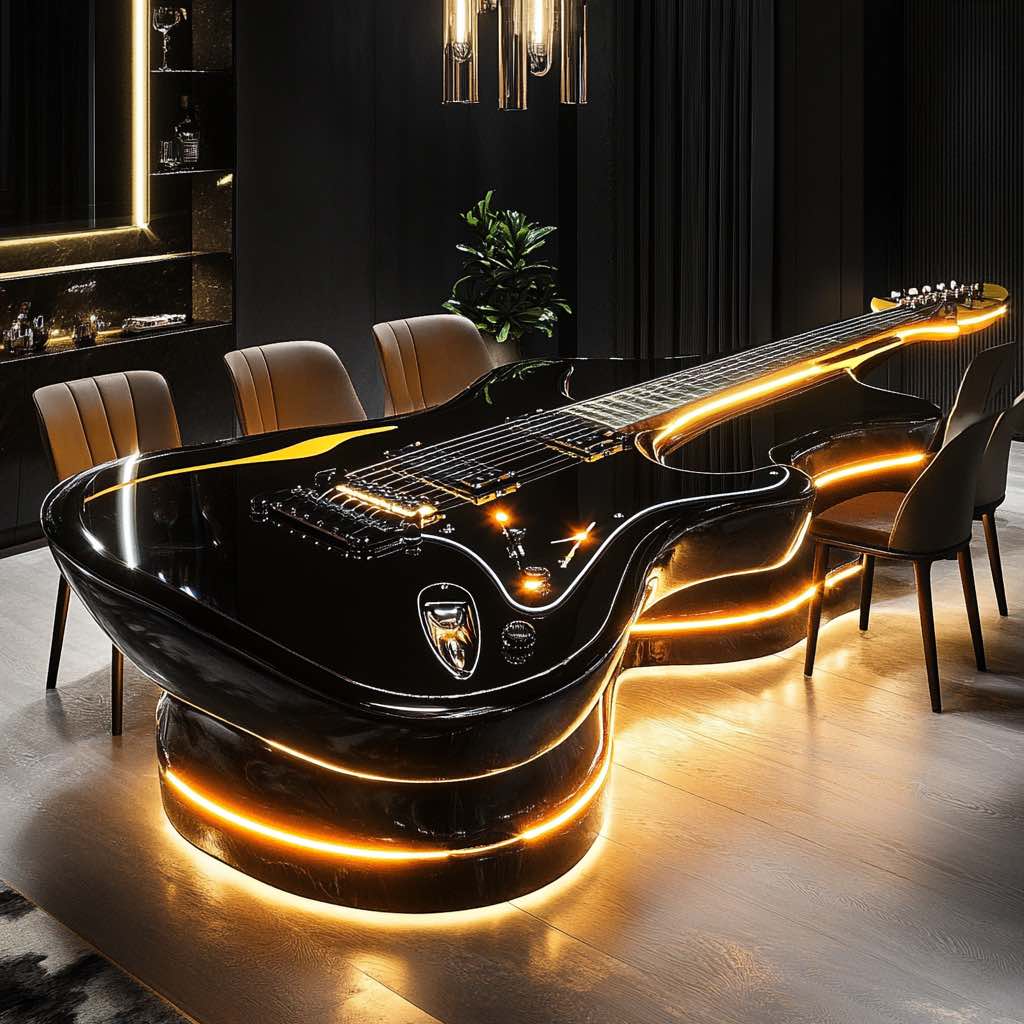A high-gloss black guitar dining table with built-in LED lighting, creating a rock-and-roll aesthetic
