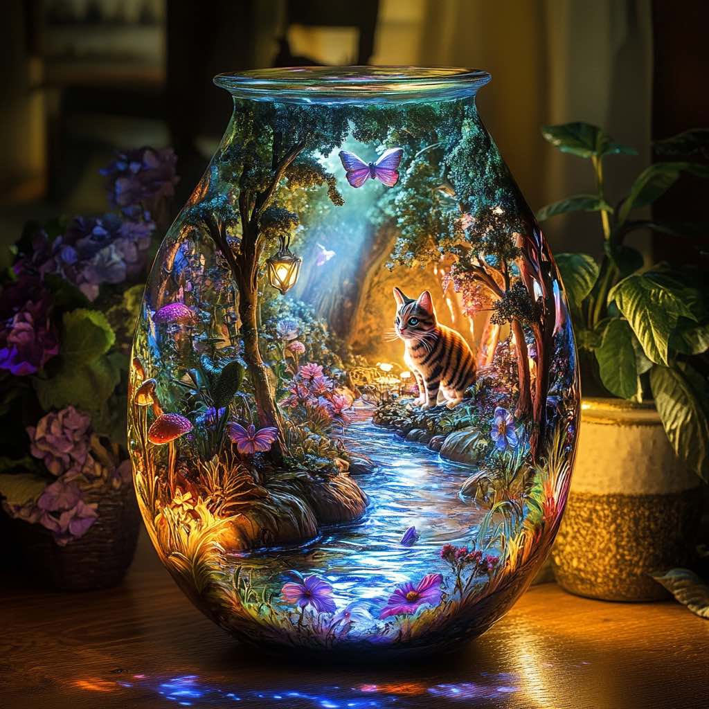 An enchanted glass vase showcasing a tabby cat in a vibrant garden with fluttering butterflies and a peaceful stream.