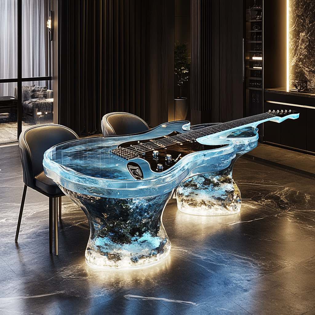 A sleek, transparent resin guitar-shaped dining table with glowing blue LED lighting in a modern interior