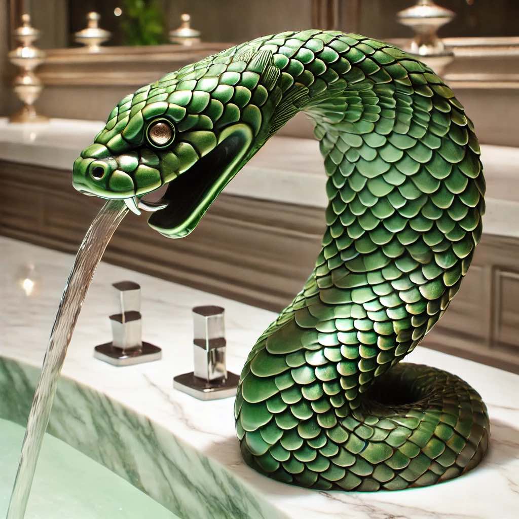  A beautiful green-scaled snake faucet with a realistic texture, elegantly integrated into a high-end bathroom setting.