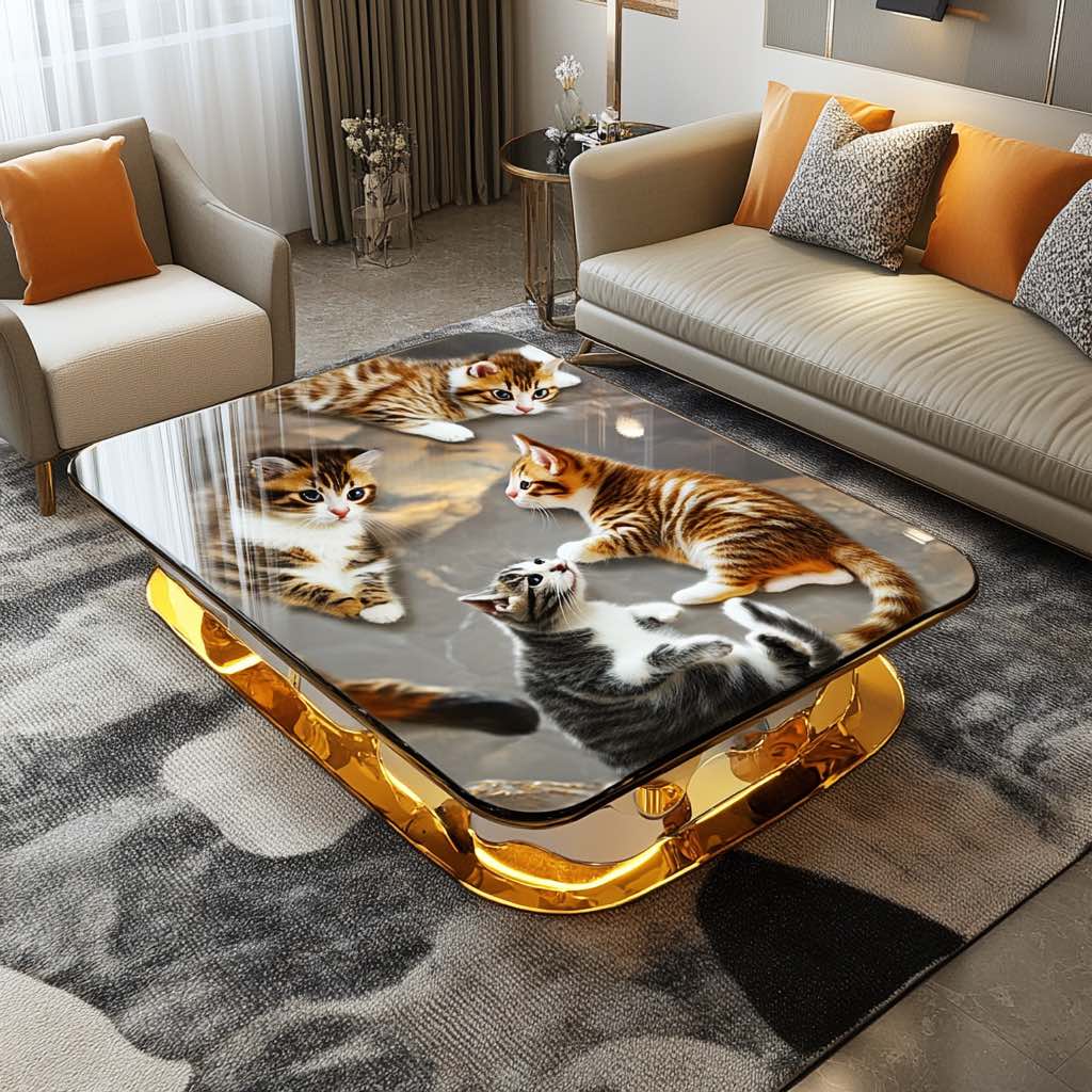A luxurious golden-framed coffee table with a stunning cat design, adding charm to modern interiors