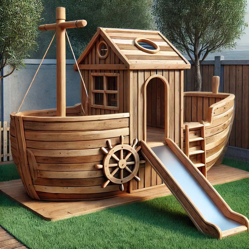 A wooden pirate ship playground with a slide, a ship’s wheel, and a deckhouse, designed for adventurous kids.