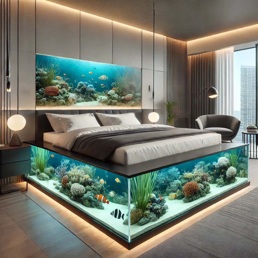 A stunning aquarium bed complemented by a matching marine-themed wall installation, creating an immersive underwater experience.