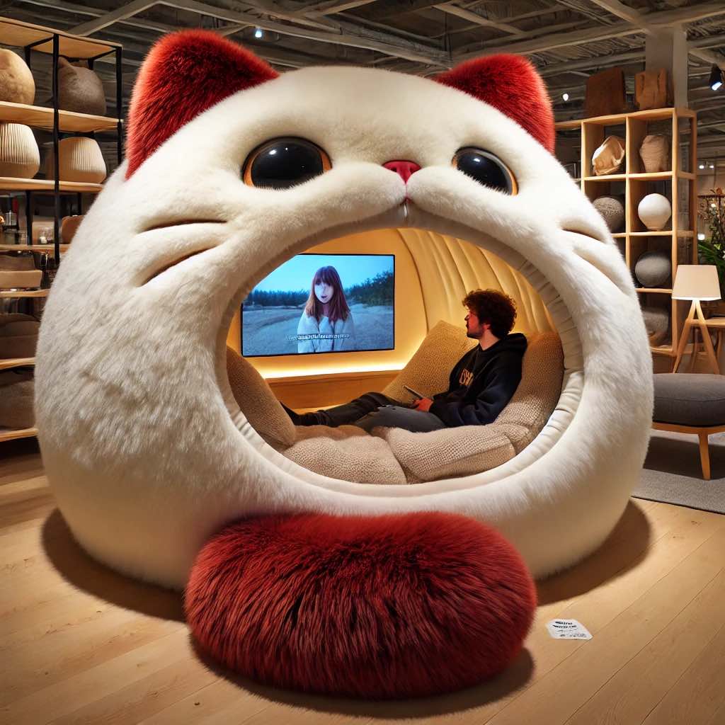 A man enjoys watching TV inside a large, red and white cat-shaped lounge pod in a stylish home setting.