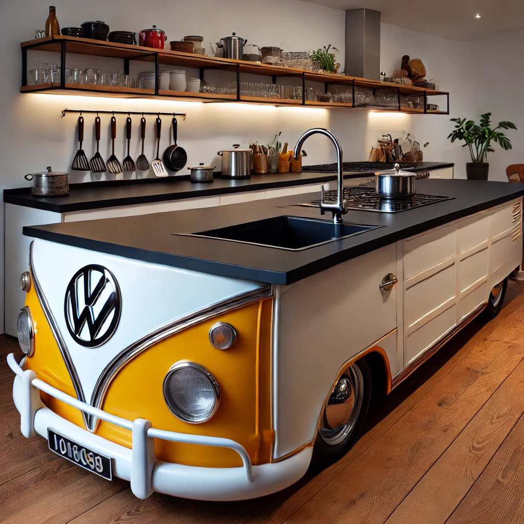 A bright yellow and white Volkswagen-inspired kitchen island with an integrated sink and gas hob.