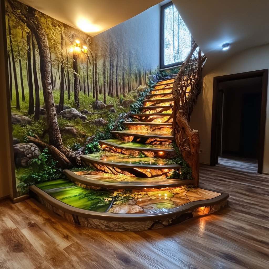 Unique Staircase Designs: A stunning staircase designed to resemble a mystical forest with tree-like steps and ambient lighting.