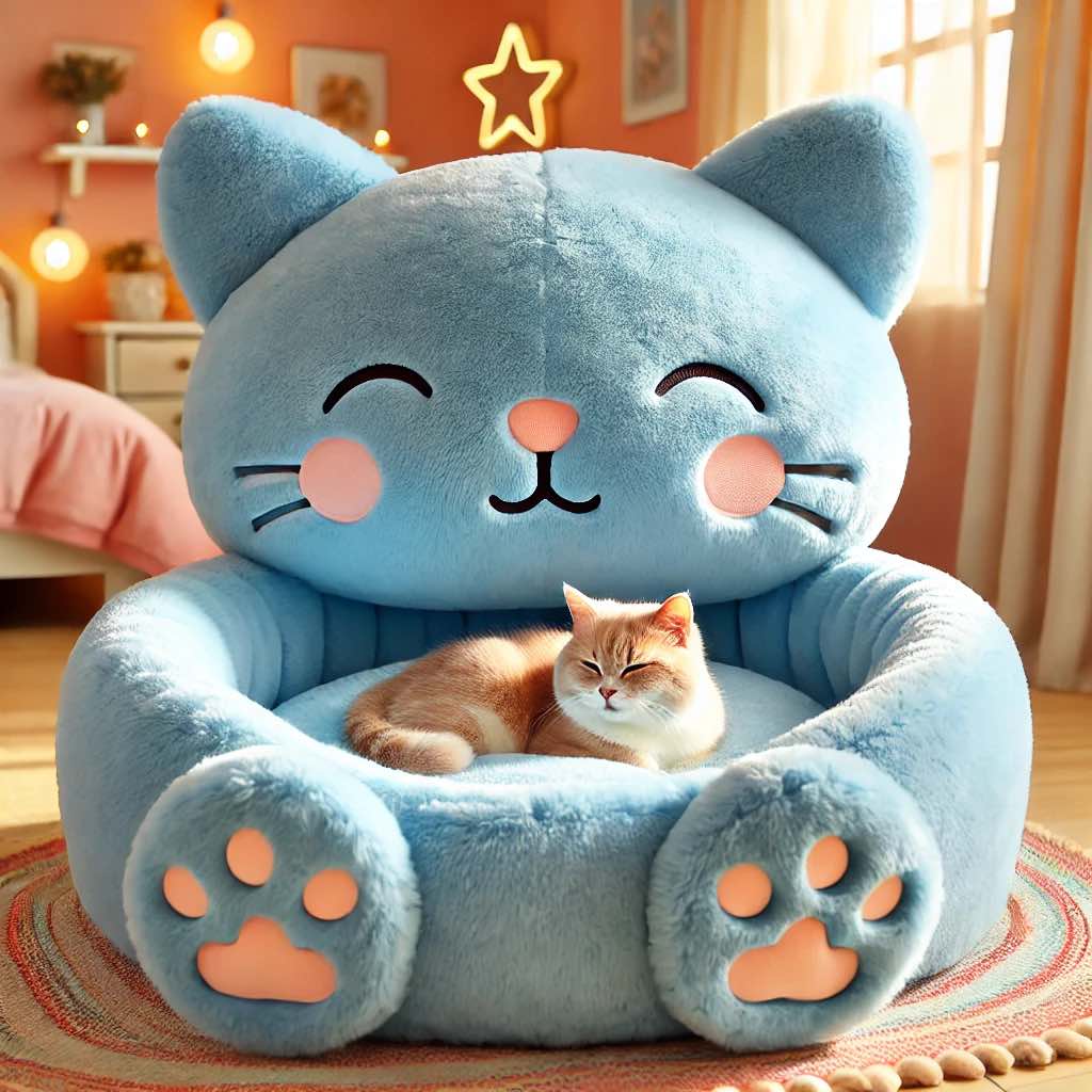 A blue, smiling cat-shaped pet bed with soft, padded cushions for maximum comfort.