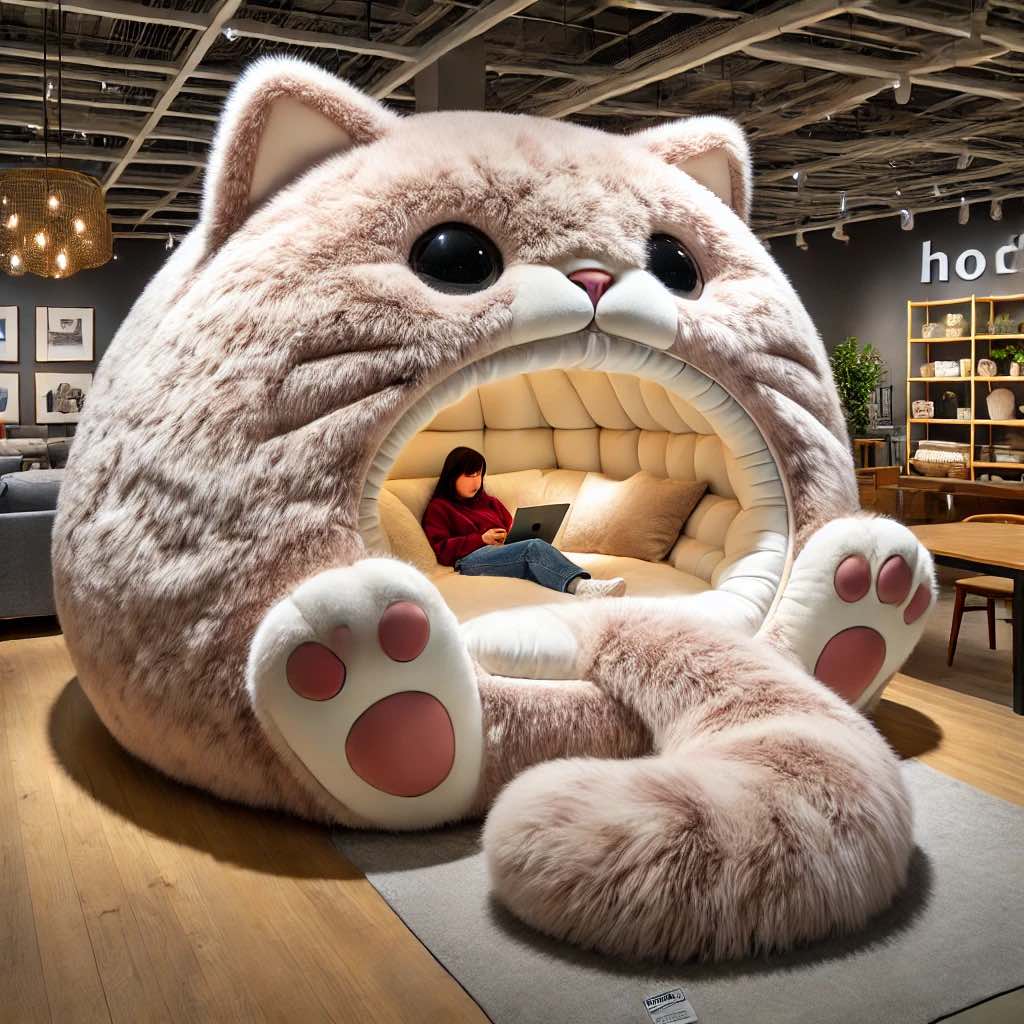 A woman relaxes inside a giant, pink cat-shaped lounge pod with a soft, cushioned interior.