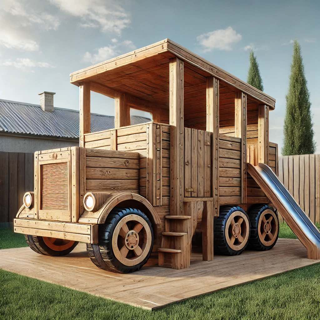 A stunning handcrafted wooden truck playground with stairs and a slide, perfect for children’s imaginative play.