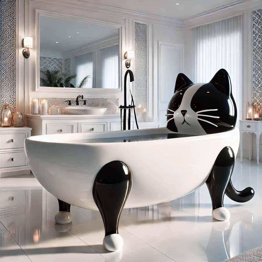 A black and white cat bath in a sophisticated bathroom with modern decor.